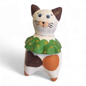 Russian Folk Cat Clay Figurine Vintage Dymkovo Folk Art 3" Hand-Painted Calico